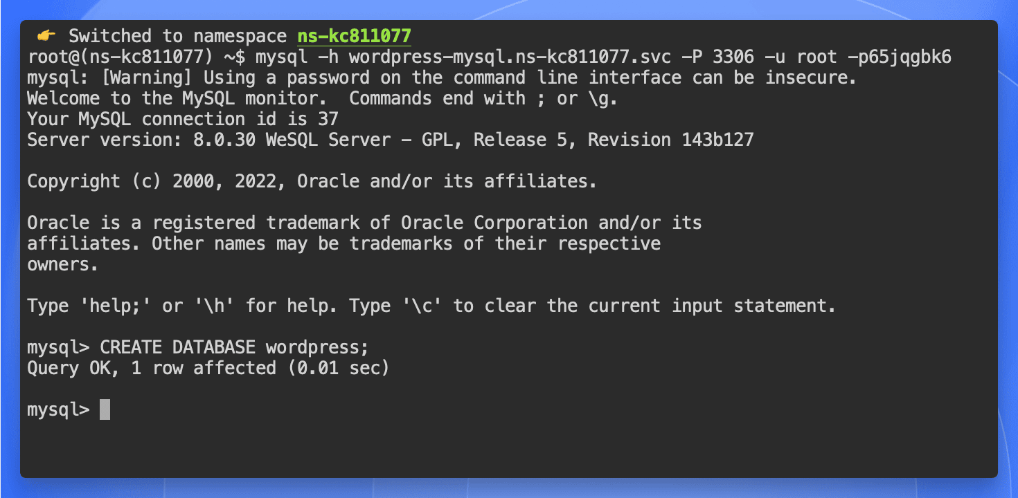在 Sealos 数据库终端中执行 CREATE DATABASE 命令